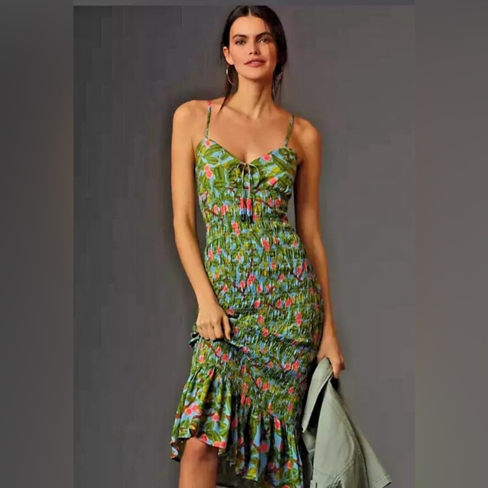 Farm Rio x New Anthropologie Ruched Tie-Front Moss Dress Size XL A8